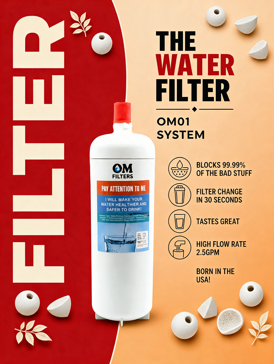 A promotional graphic for the OM Filters OM01 Water Filter bottle. The bottle is white with a red cap and a blue and orange label.