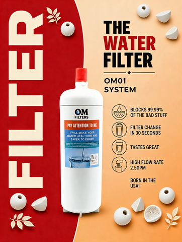 A promotional graphic for the OM Filters OM01 Water Filter bottle. The bottle is white with a red cap and a blue and orange label.