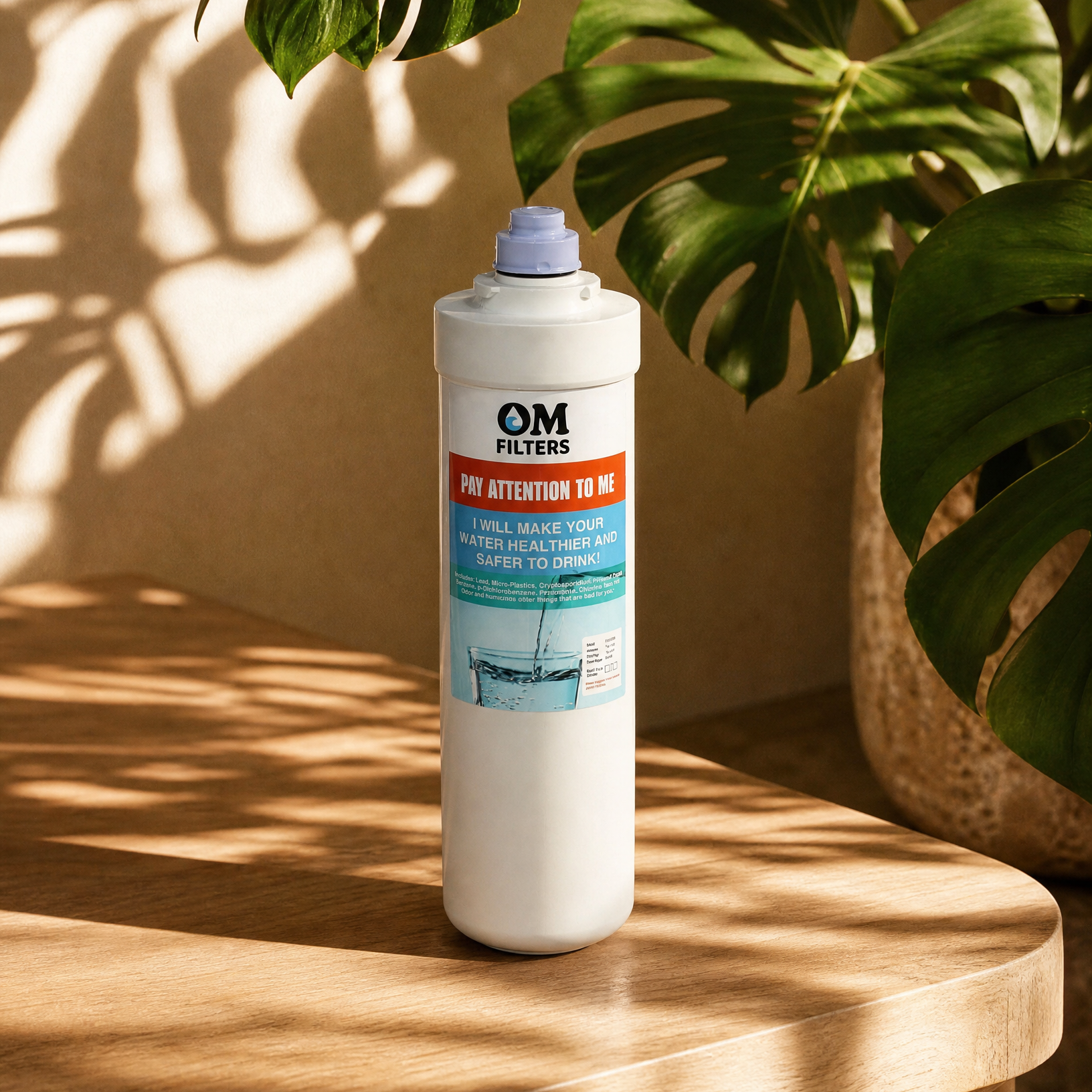 a white om filter om2 replacement filter with a tropical background