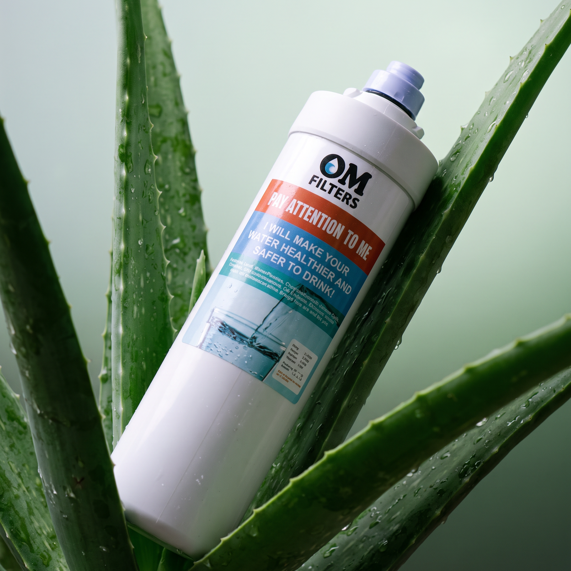 An OM Filters water filter cartridge placed diagonally between the green, water-droplet-covered leaves of an aloe vera plant against a soft, out-of-focus green background.