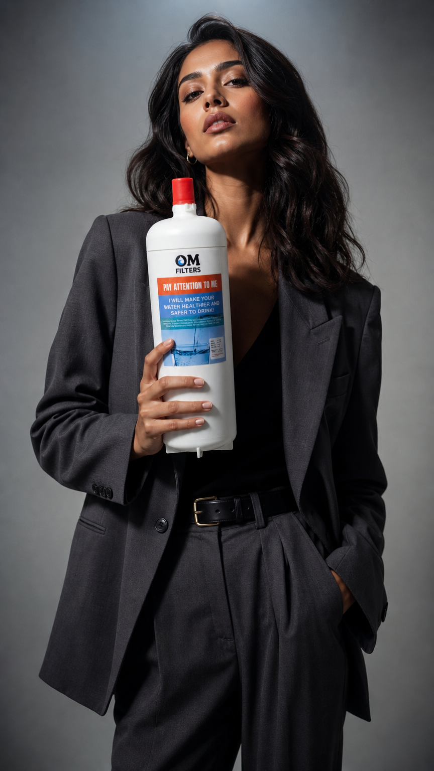 A woman in a dark gray blazer and trousers holds a large white bottle of OM Filters water filter media against a dark gray studio background.