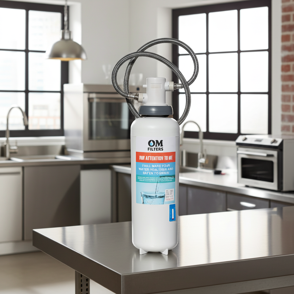 OM Filters water filter on a kitchen counter with a modern kitchen background