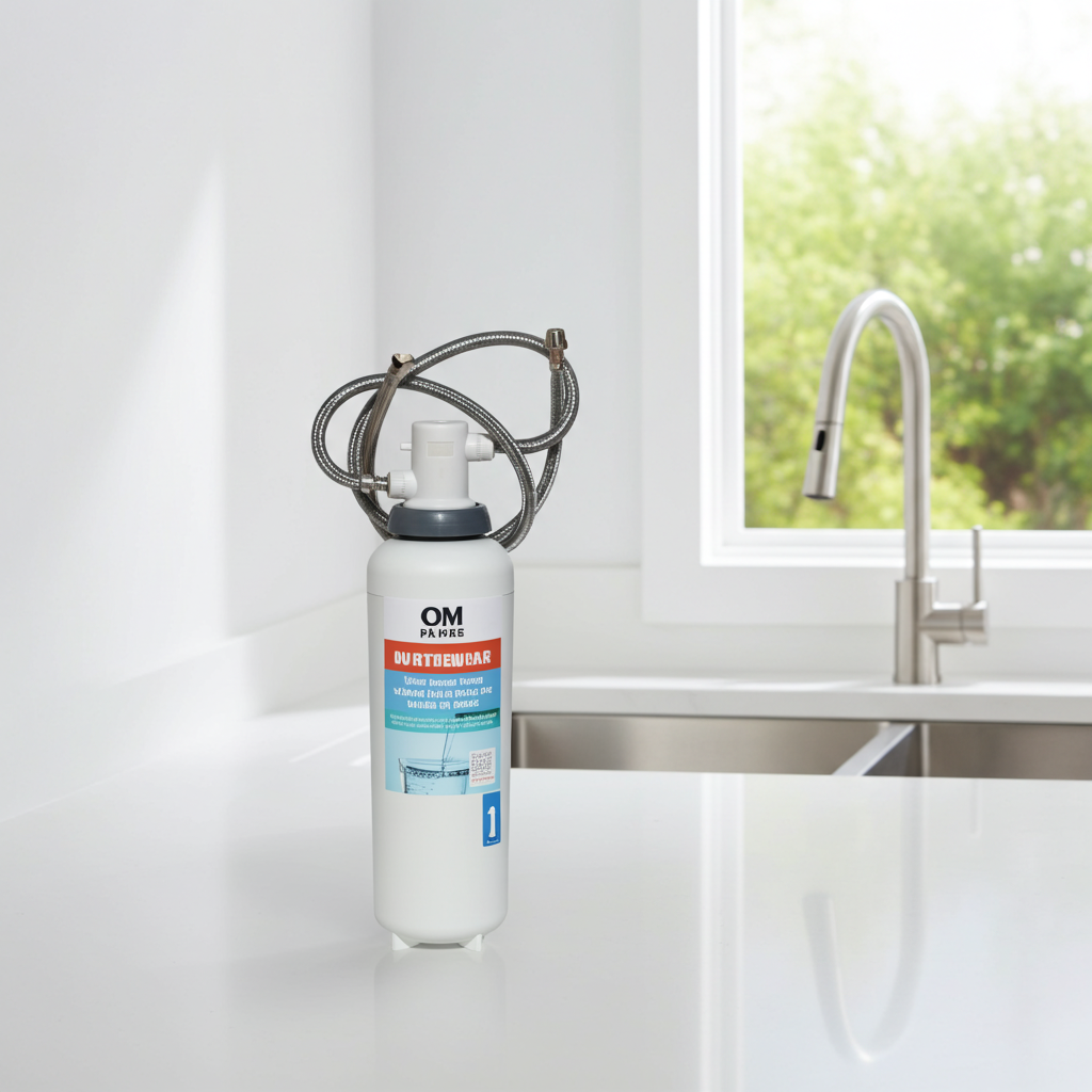 omfilters Water filter on a kitchen counter with a window in the background
