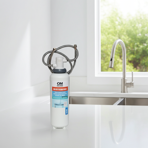 omfilters Water filter on a kitchen counter with a window in the background
